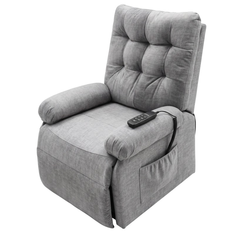 Sillón reclinable gris claro con respaldo acolchado y reposapiés extensible incluye control remoto