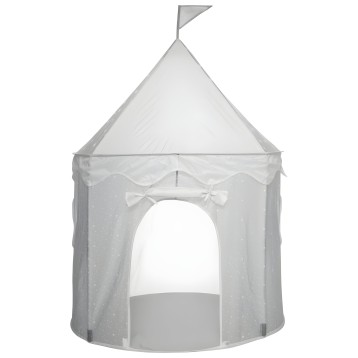 Carpa infantil tipo castillo blanca con techo puntiagudo y bandera decorativa
