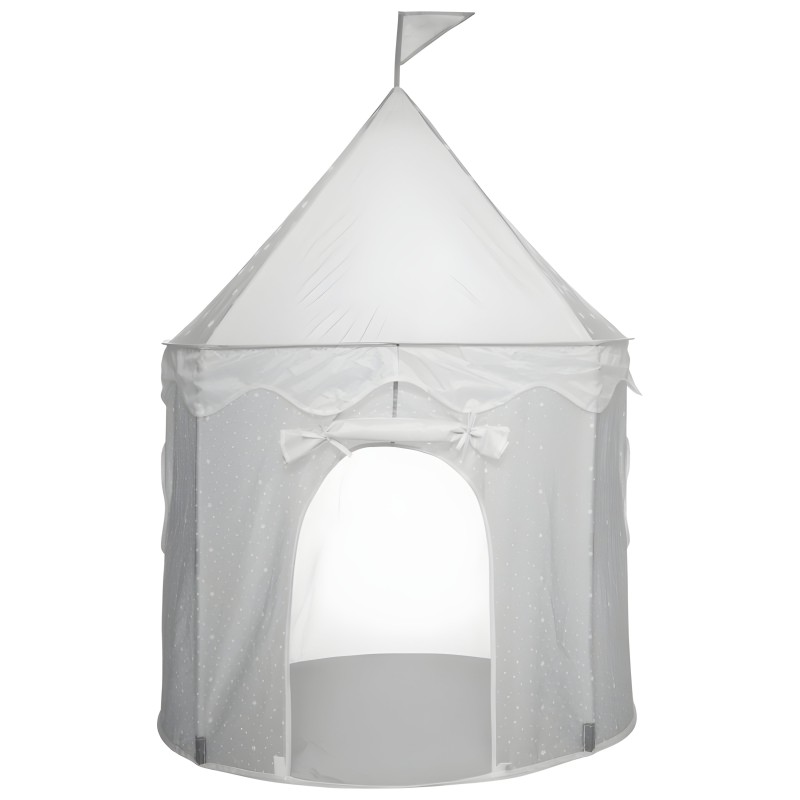 Carpa infantil tipo castillo blanca con techo puntiagudo y bandera decorativa
