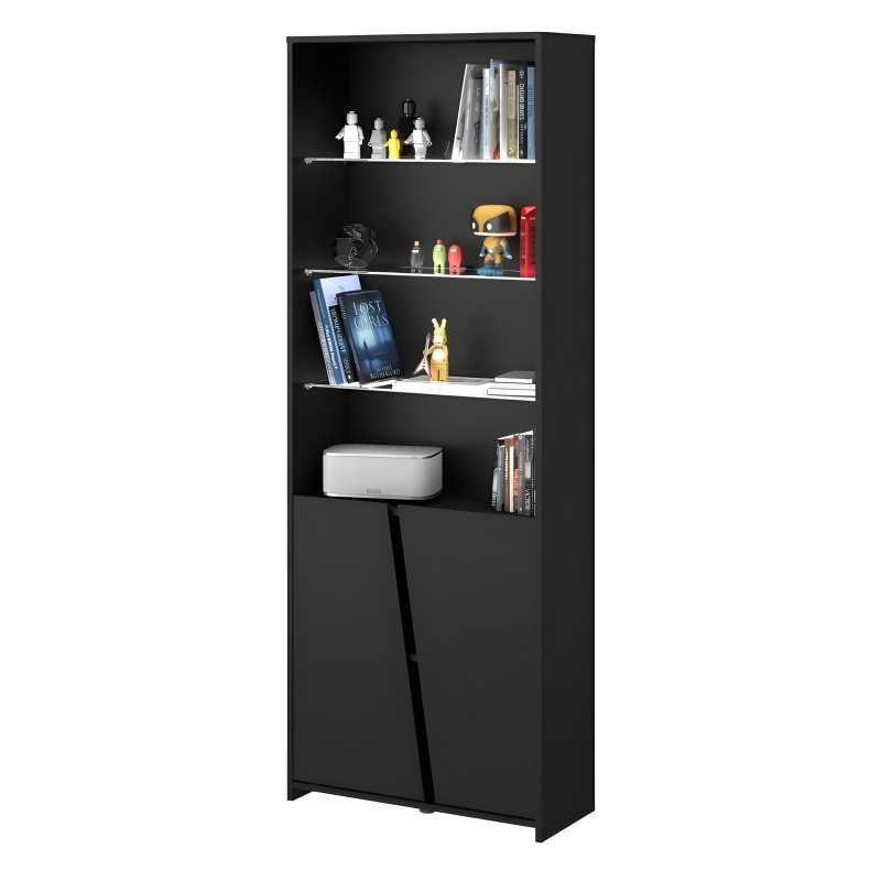 Estantería negra con cuatro estantes metálicos y armario inferior para almacenamiento de libros y objetos decorativos