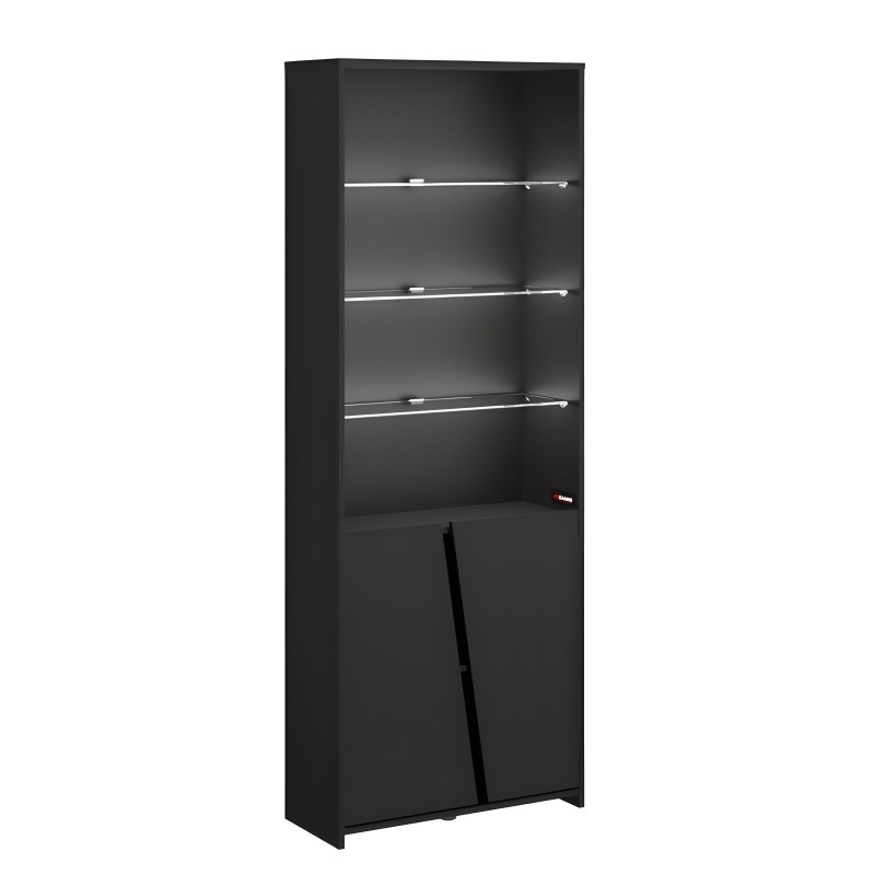 Vitrina negra de madera con tres estantes de cristal iluminados y armario inferior con puertas