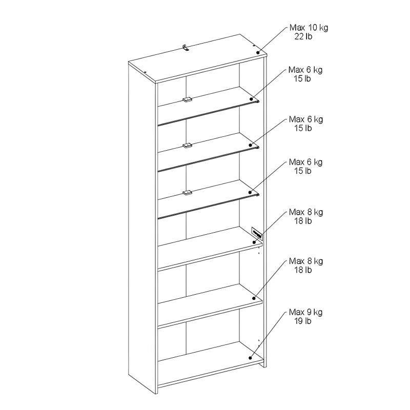 Estantería modular con 7 estantes ajustables y capacidad de carga variable por nivel en vista isométrica