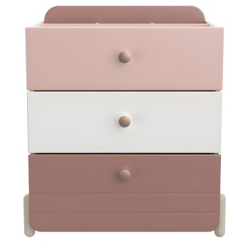 Cajonera de cuatro cajones en tonos rosa y blanco con tiradores redondos y patas redondeadas