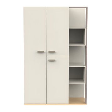 Armario modular blanco con puertas y cajones y estantes abiertos grises en lateral derecho