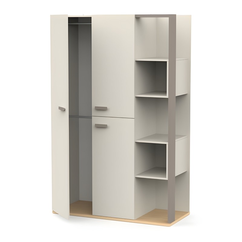 Armario modular blanco con puertas y estantes abiertos laterales base en madera natural vista frontal