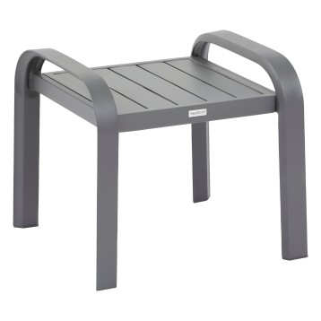 Mesa baja de aluminio gris con asiento laminado y respaldos curvados laterales