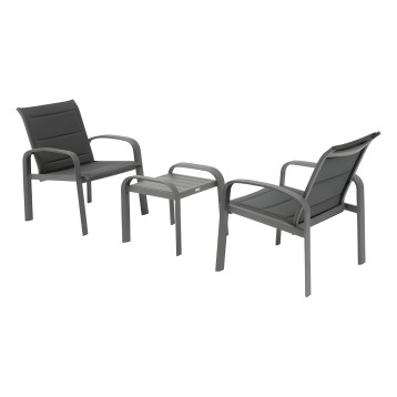 Conjunto de jardín con dos sillones gris oscuro y almohadilla y mesita central de aluminio