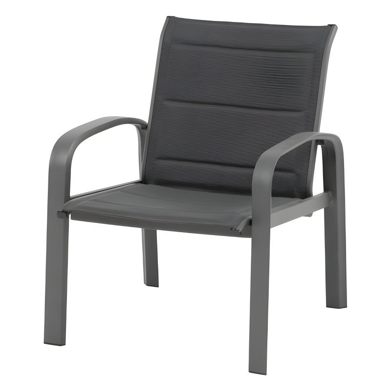 Sillón exterior gris oscuro con estructura metálica y respaldo textilizado de líneas horizontales