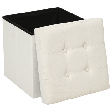 Puff baúl tapizado en tela beige con tapa acolchada y interior negro para almacenamiento