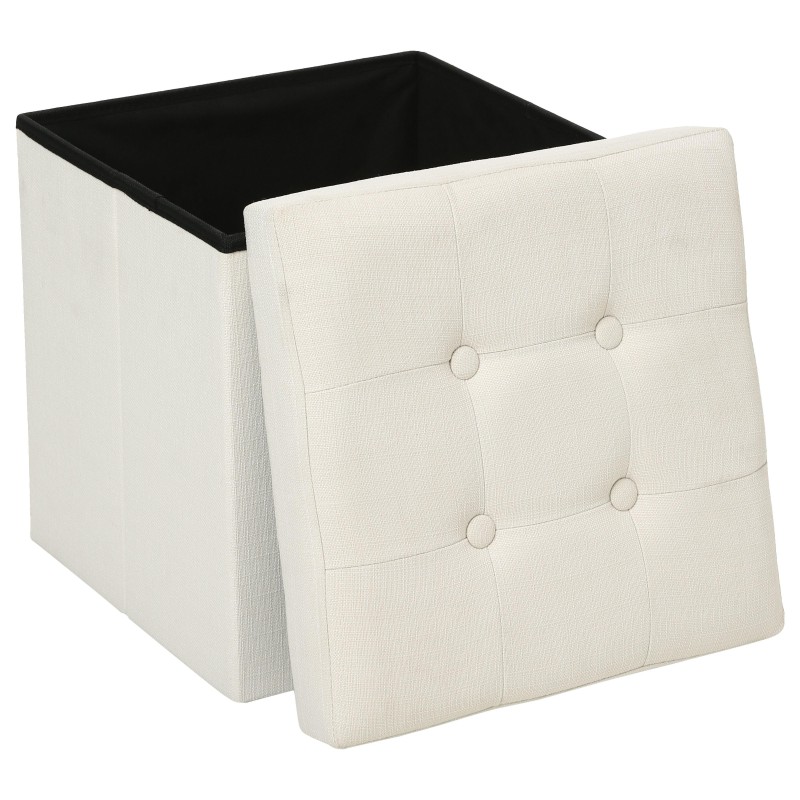 Puff baúl tapizado en tela beige con tapa acolchada y interior negro para almacenamiento