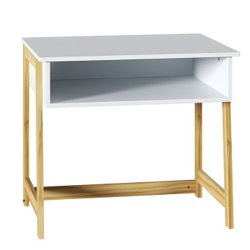 Escritorio blanco con tablero gris y estructura de madera clara con nicho abierto frontal