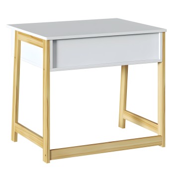 Escritorio con sobre gris y estructura de madera natural con cajón frontal blanco