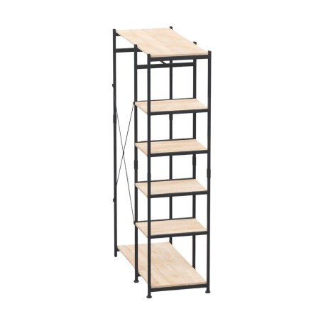 Estantería alta de metal negro y madera clara con seis estantes y refuerzo en X lateral