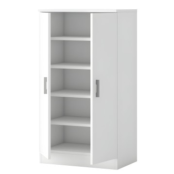 Armario blanco con puertas correderas y cinco estantes internos visibles en detalle frontal