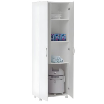 Armario blanco con puertas y estantes abiertos mostrando productos de limpieza y humidificador en interior