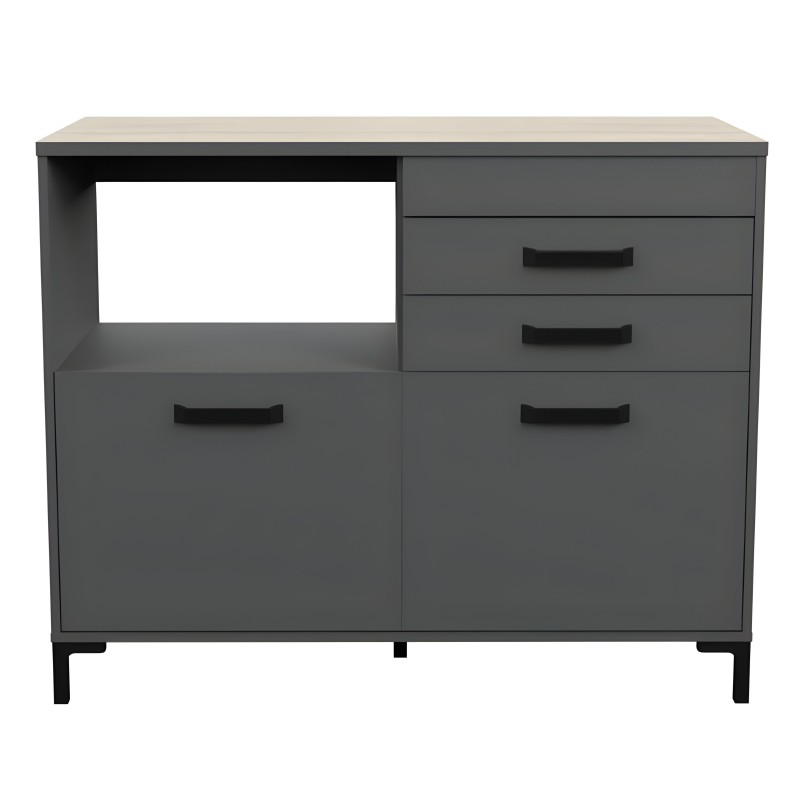 Mueble aparador gris oscuro con encimera beige y 4 cajones con asas negras y hueco abierto en la parte superior