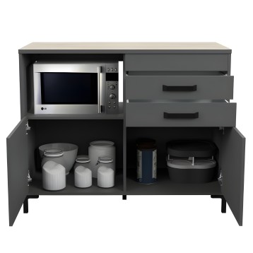 Mueble cocina gris antracita con microondas integrado y cajones superiores y puertas inferiores con almacenaje abierto