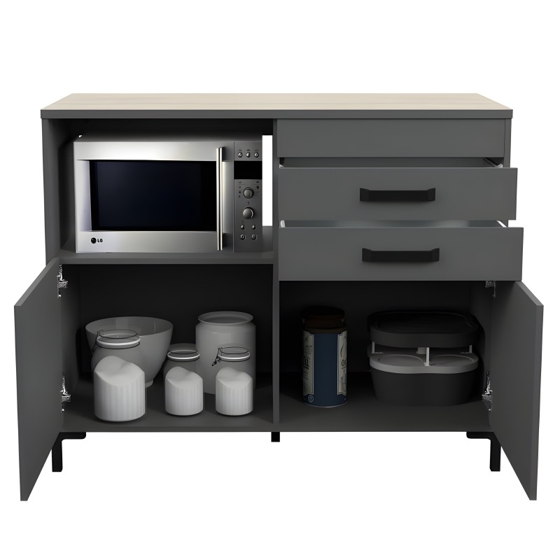 Mueble cocina gris antracita con microondas integrado y cajones superiores y puertas inferiores con almacenaje abierto