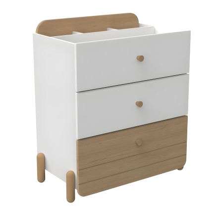 Cómoda infantil blanco y madera con cuatro cajones y patas redondeadas de madera natural
