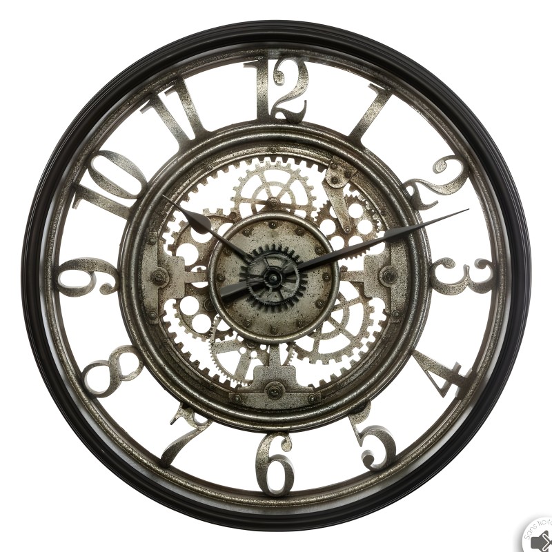 Reloj de pared estilo industrial con marco negro y engranajes dorados visibles en el centro