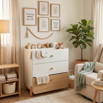 Cómoda infantil blanca y madera con tres cajones y tablero superior de almacenamiento en ambiente