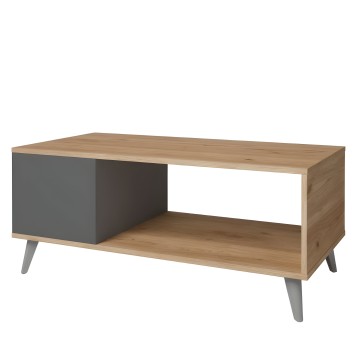Mesa de centro de madera natural con cajón gris y estante abierto y patas metálicas grises