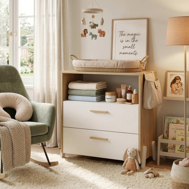 Cómoda infantil de madera natural y blanco con estante abierto y dos cajones en dormitorio luminoso
