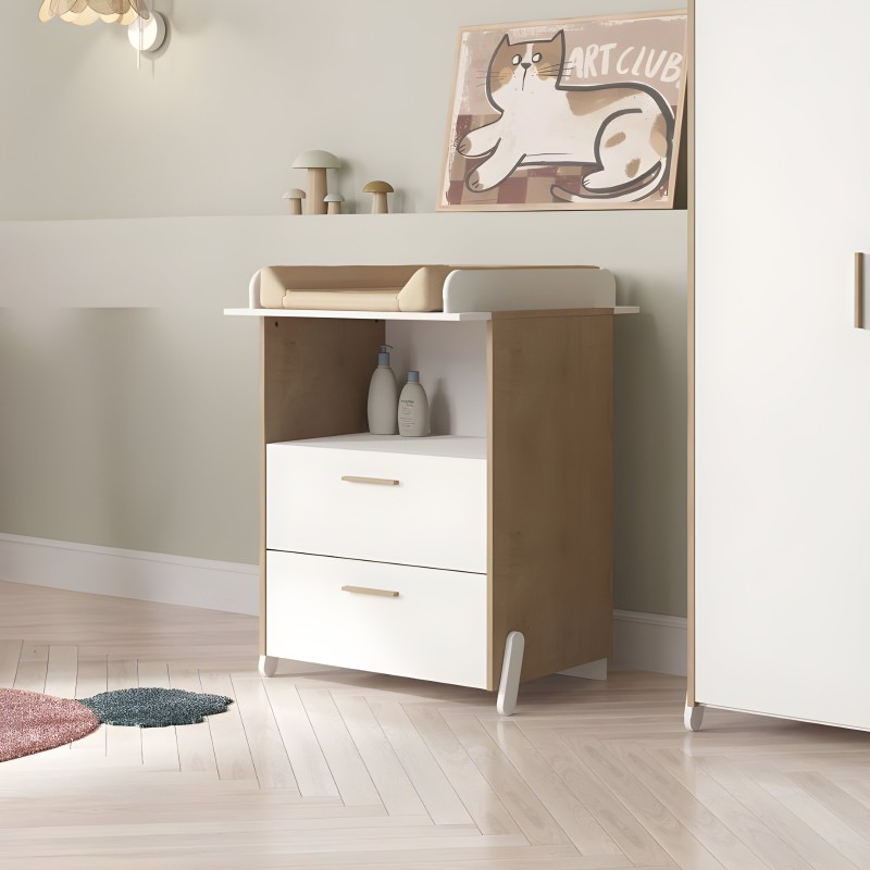 Mueble cambiador con dos cajones blancos y estructura madera clara en dormitorio infantil