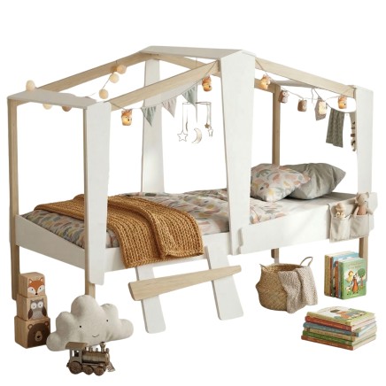 Cama infantil dosel con estructura madera natural y blanca incluye doseles colgantes móviles juguetes y accesorios decorativos