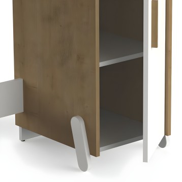 Escritorio infantil en madera natural con puertas abatibles y estructura blanca y gris