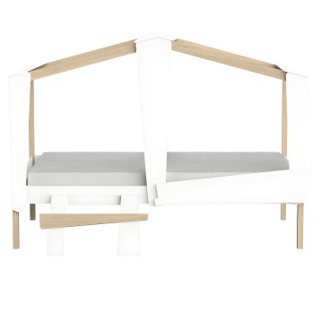 Cama con dosel de madera natural y estructura blanca con cortinillas incluidas