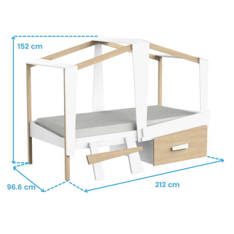 Cama dosel blanca y madera con estructura de columnas y cajón lateral integrado