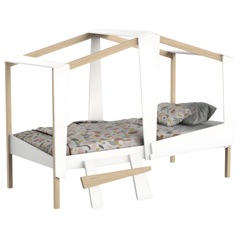 Cama dosel blanca con estructura de madera natural y textil multicolor en la ropa de cama