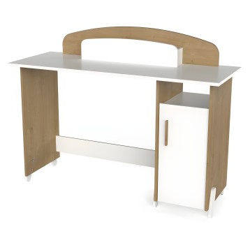 Escritorio infantil de madera natural y blanco con estante y puerta con tirador de madera