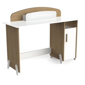 Escritorio infantil en madera natural y blanco con respaldo curvado y ruedas