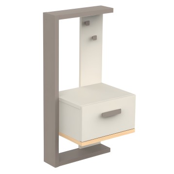 Mesita de noche con estructura gris y lateral blanco con cajón y ganchos de almacenamiento