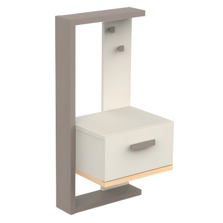 Mesita de noche con estructura gris y lateral blanco con cajón y ganchos de almacenamiento