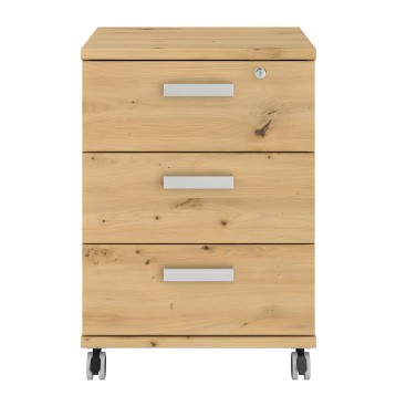 Cajonera madera clara con tres cajones y ruedas metálicas grises