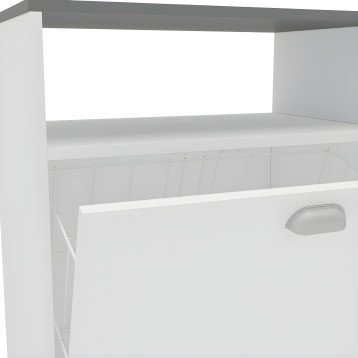 Mueble auxiliar blanco con tapa gris y estante superior abierto. Vista frontal de mueble auxiliar