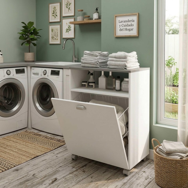 Mueble auxiliar lavandería blanco con encimera y cesto extraíble en ambiente junto a lavadoras