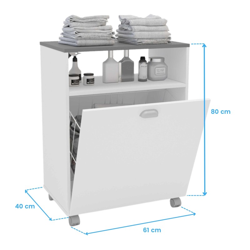 Mueble auxiliar blanco con ruedas y puerta abatible que contiene y estantes superiores para almacenaje