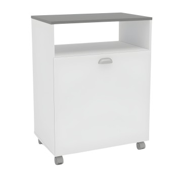 Mueble auxiliar blanco con tapa gris y ruedas con estante abierto y cajón inferior