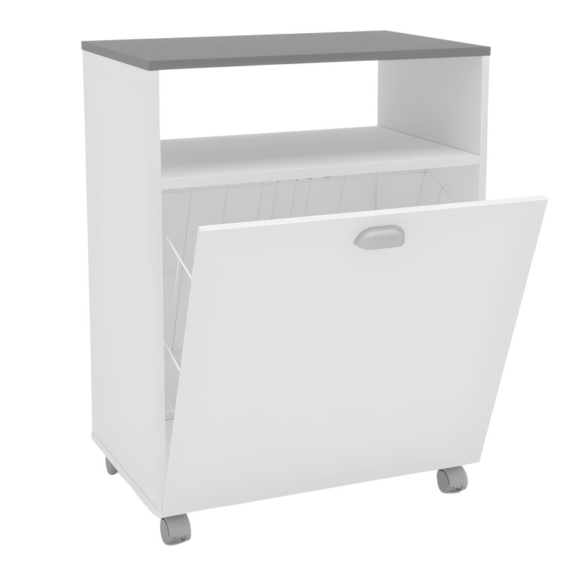 Mueble auxiliar blanco con cubo extraíble y estante abierto y tapa gris en ruedas
