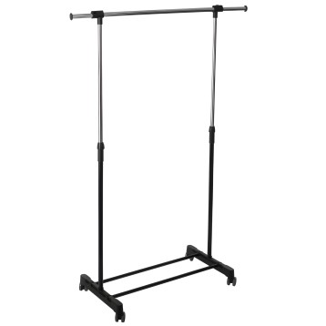 Perchero de pie negro con estructura metálica y ruedas giratorias detalle de soporte y casters inferiores