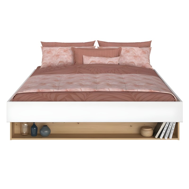 Cama con estructura blanca y base de madera con almacenamiento inferior y ropa de cama en tonos rosa y marrón