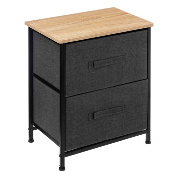 Mesita de noche con tablero de madera clara y estructura metálica negra con dos cajones de tela gris oscuro