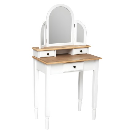Tocador blanco con tablero de madera natural y espejo triple abatible con cajones y patas torneadas
