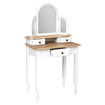 Tocador blanco con espejo triple abatible y tablero de madera natural con tres cajones