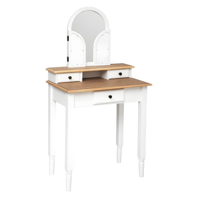Tocador blanco con tablero de madera y espejo arqueado con puertas abatibles y cajones