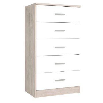 Cómoda de madera clara con 6 cajones blancos y tiradores grises de diseño moderno